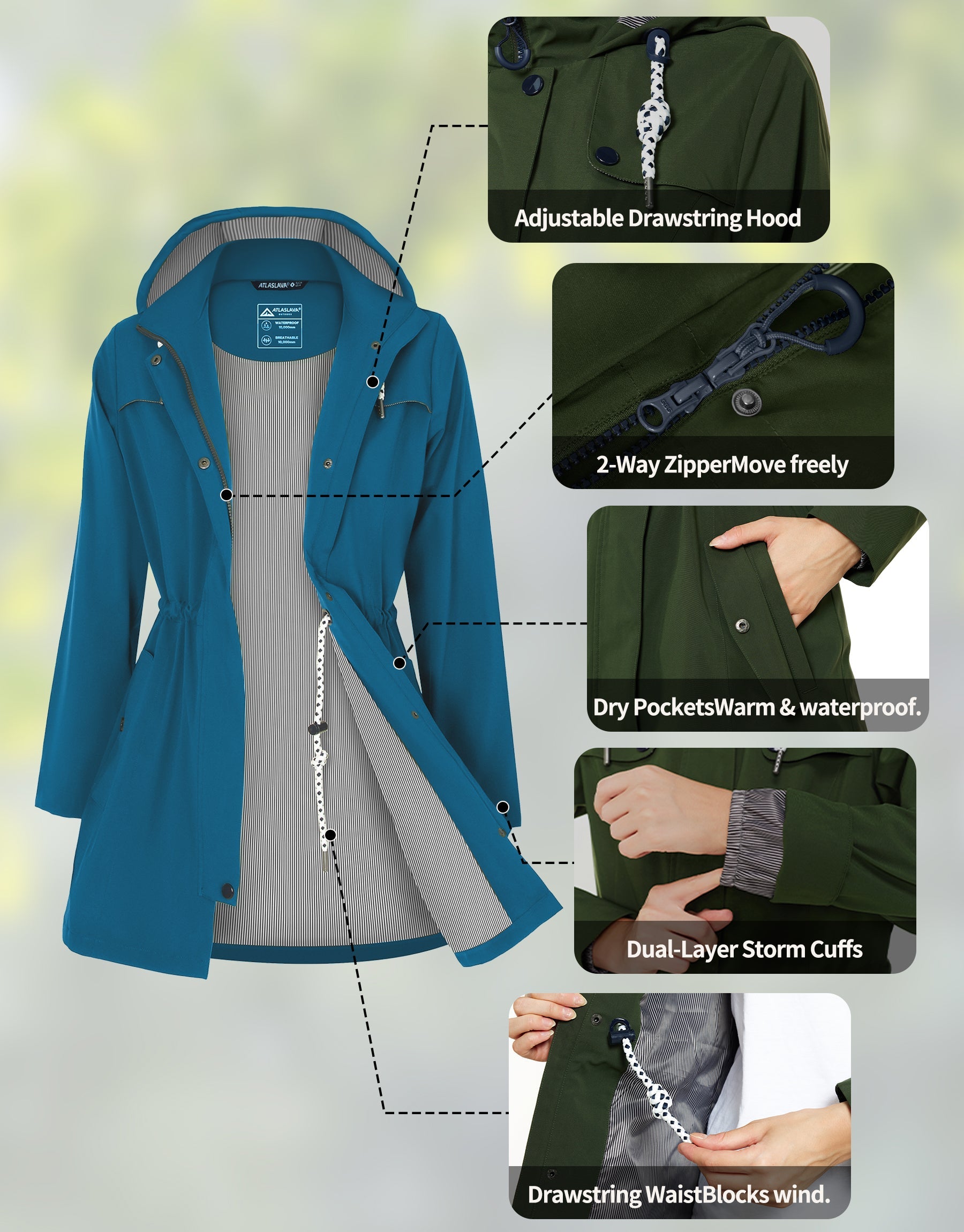 Women’s Waterproof Long Rain Jacket Atlaslava