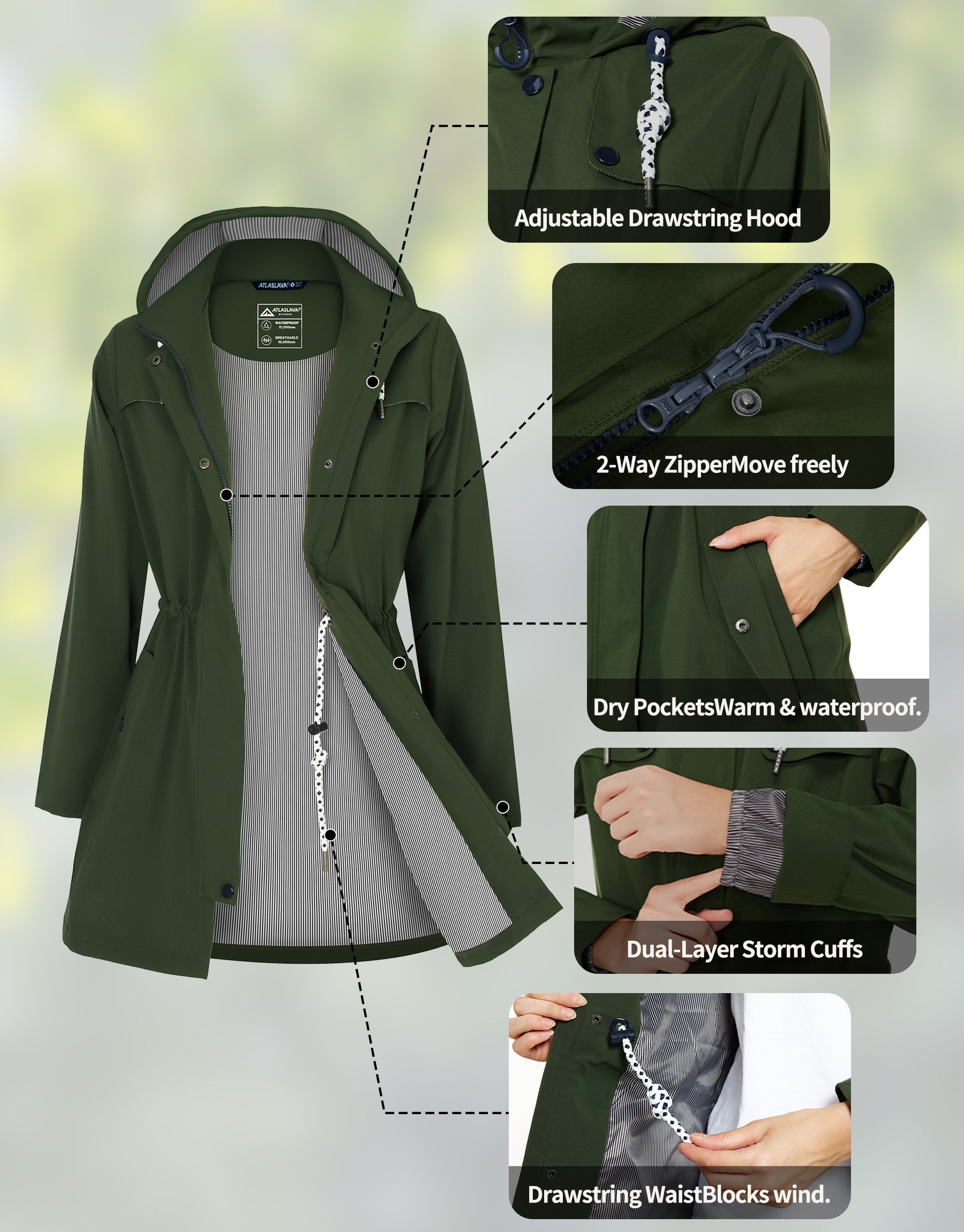 Women’s Waterproof Long Rain Jacket Atlaslava