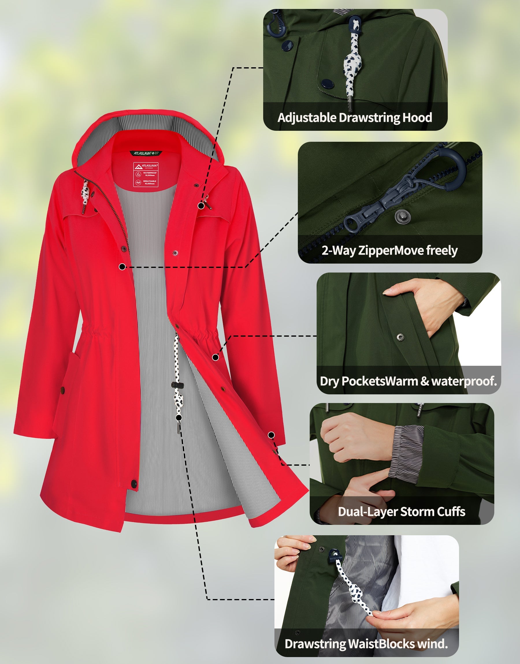 Women’s Waterproof Long Rain Jacket Atlaslava