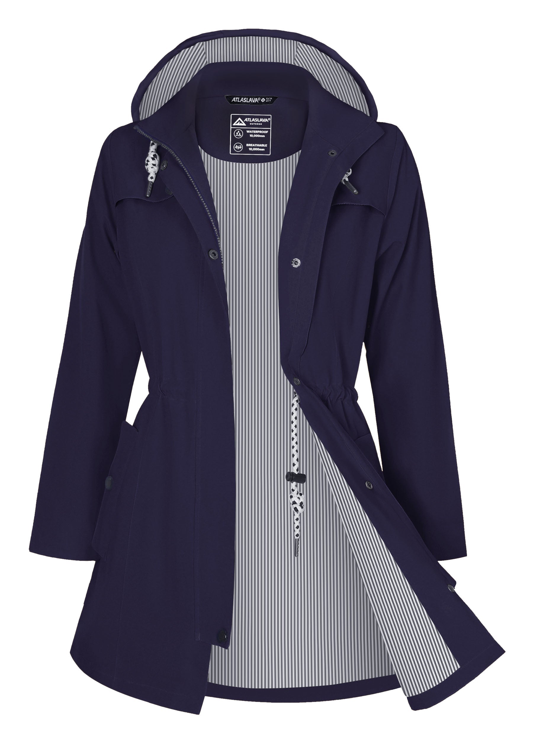 Women's Long Rain Jacket: 10000mm W/P Index 10000 Level Breathable Atlaslava