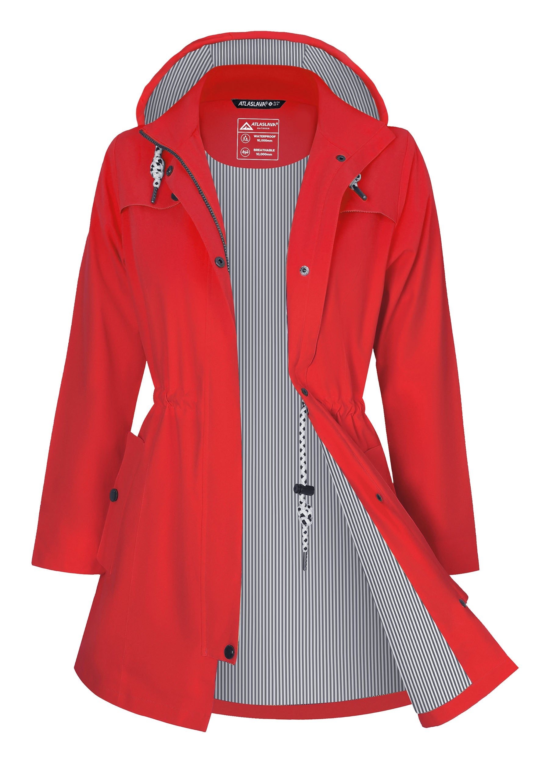 Women's Long Rain Jacket: 10000mm W/P Index 10000 Level Breathable Atlaslava