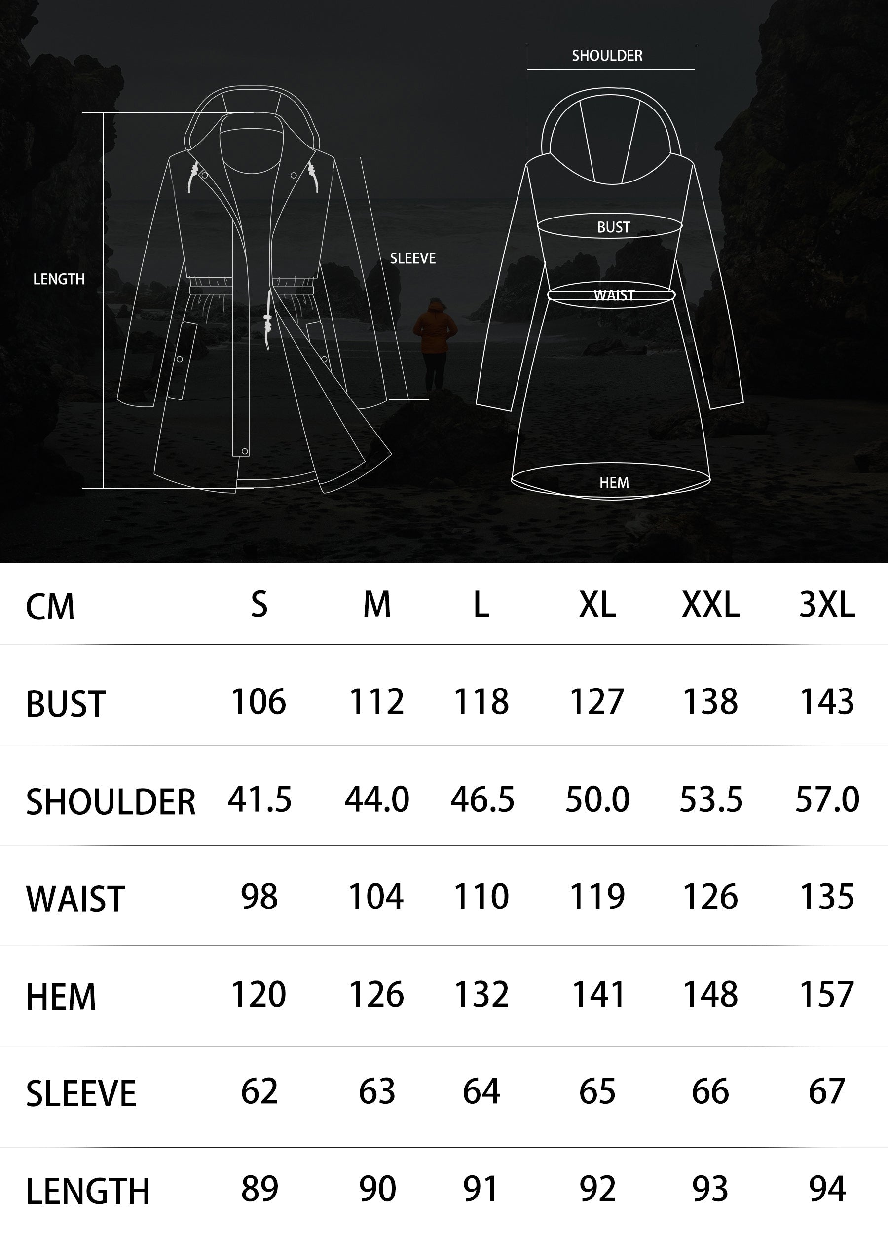 Women's Long Rain Jacket : 10000mm W/P Index 10000 Level Breathable Altaslava