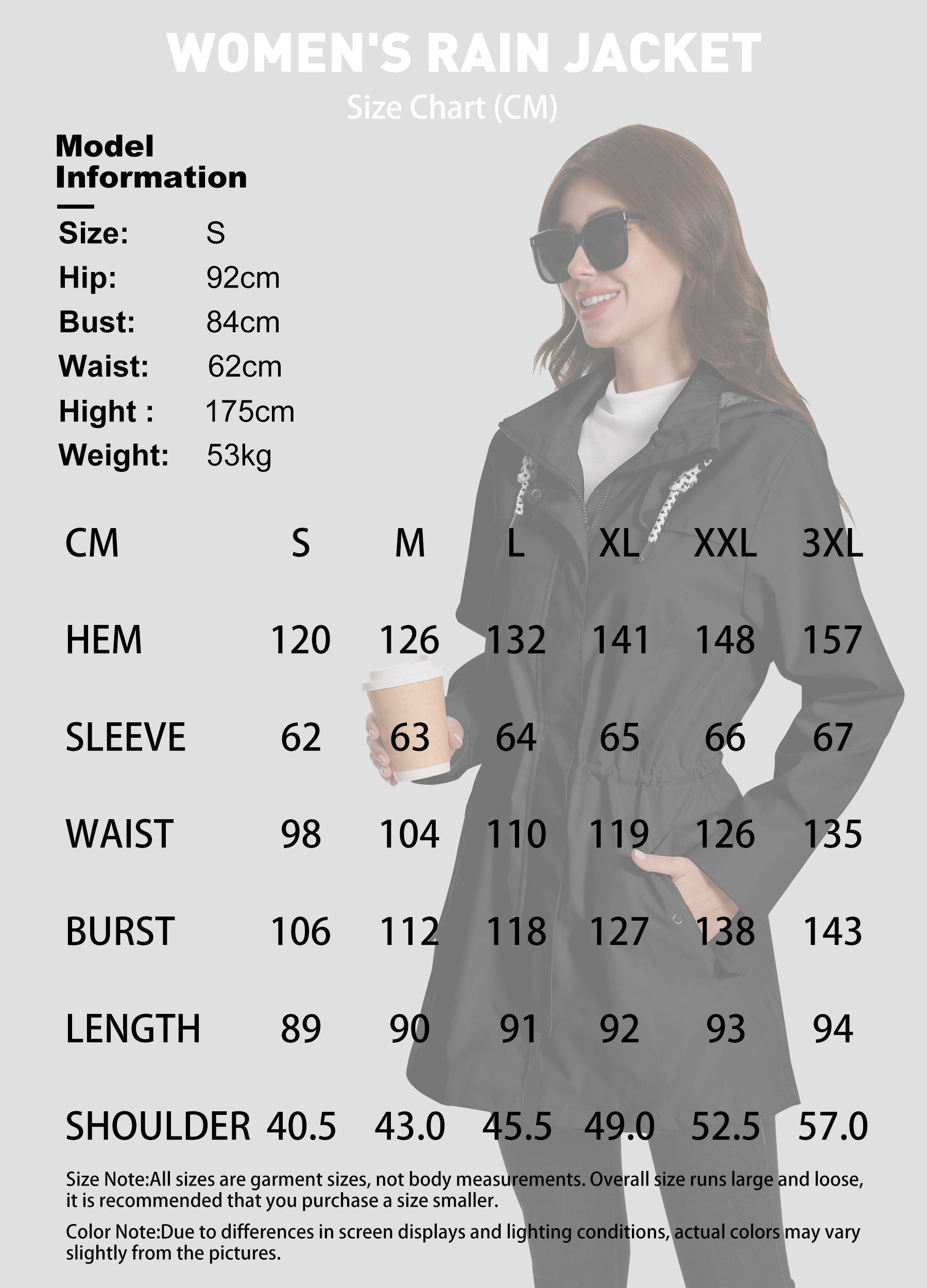 Women's Long Rain Jacket: 10000mm W/P Index 10000 Level Breathable Atlaslava